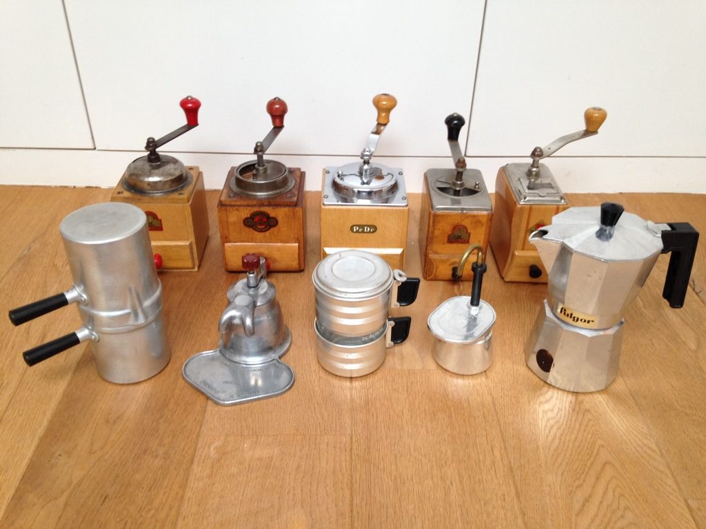 Vintage coffee tools grinders and pots