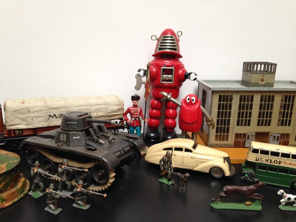 Vintage tin toys, toy soldiers, cars trains