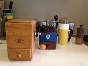 Coffee grinders from 1920, 1940, 1960 and 2010