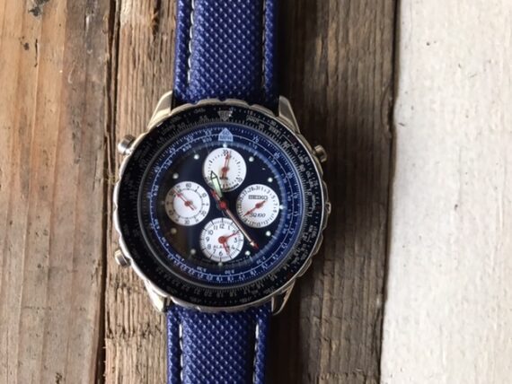 Seiko 7t34-6B00 Flightmaster SQ100 alarm chronograph blue steel 1990 Japan - Image 7