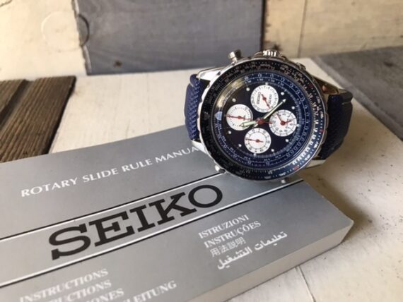 Seiko 7t34-6B00 Flightmaster SQ100 alarm chronograph blue steel 1990 Japan - Image 2