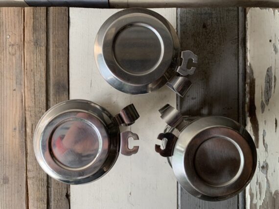 3x Durobor type Menagia Baes Duralex steel single serve drip pot 1970 Belgium - Image 5