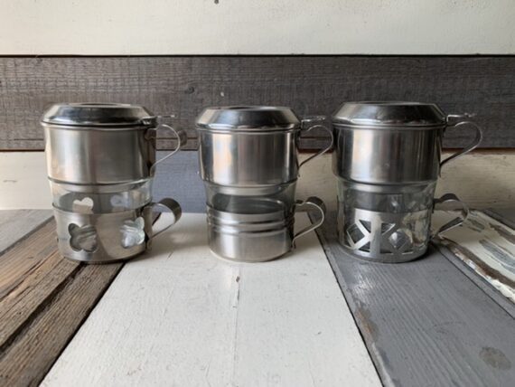 3x Durobor type Menagia Baes Duralex steel single serve drip pot 1970 Belgium