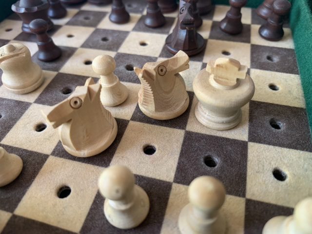 Travel chess set wood peg-in board leatherette case 1960 France