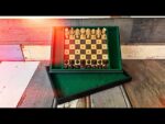 Travel chess set wood peg-in board leatherette case 1960 France