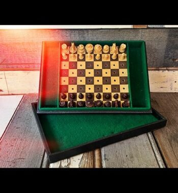 Travel chess set wood peg-in board leatherette case 1960 France