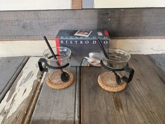 Boxed set of 2 Bodum Bistro black handle glasses Picard 2000 Denmark