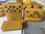 Double 6 Domino set butterscotch bakelite handmade in box 1960 Holland