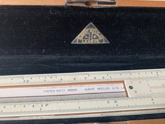 Nestler 23R Einstein slide rule in wood display case 1930 Germany - Image 15