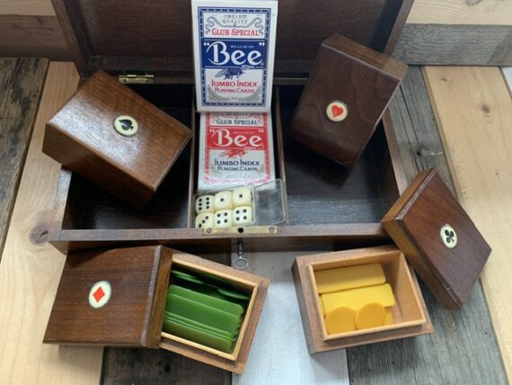Vintage Poker set wood box chips dice cards 1930 Holland - Image 3
