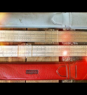 2x Reiss Progress 3223 Darmstadt metal slide rule pouch 1950 DDR Germany