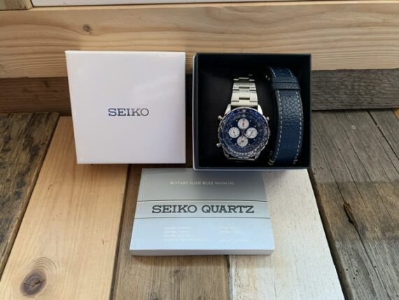 Seiko 7t34-6B00 Flightmaster slide rule chronograph blue steel 1990 Japan