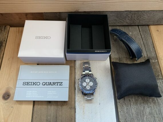 Seiko 7t34-6B00 Flightmaster slide rule chronograph blue steel 1990 Japan