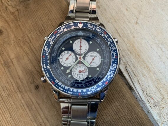 Seiko 7t34-6B00 Flightmaster slide rule chronograph blue steel 1990 Japan - Image 6