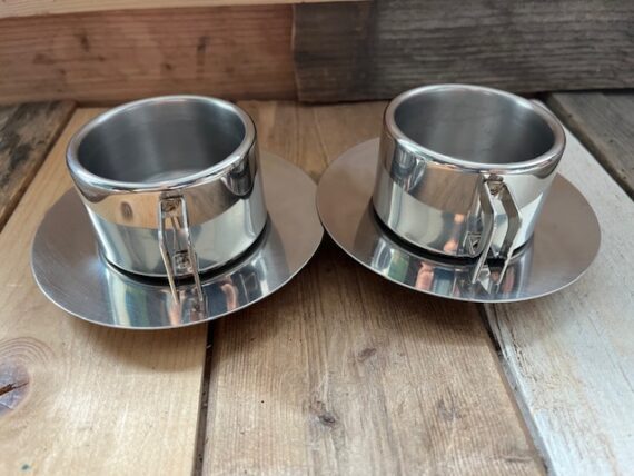2x Casalinghi STO espresso cup saucer set steel 1970 Italy - Image 3