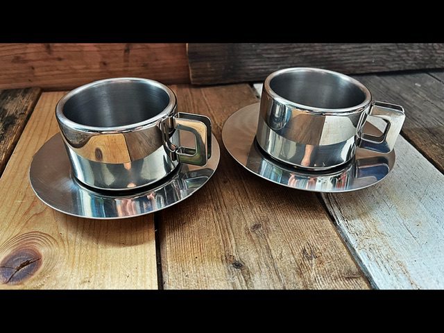 2x Casalinghi STO espresso cup saucer set steel 1970 Italy