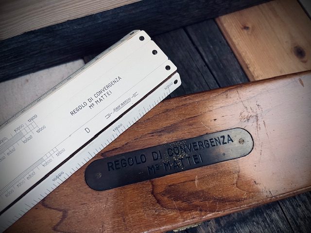 Marcantoni Mattei artillery slide rule wooden box 1950 Italy