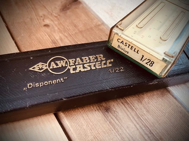2x Faber Castell dealer slide rule 1/22 1/28 Bivius 1950 Germany