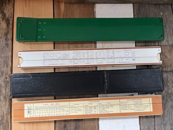 2x Faber Castell dealer slide rule 1/22 1/28 Bivius 1950 Germany