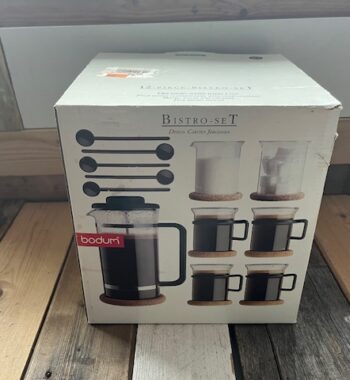 boxed set of 7 Bodum Bistro black handle glasses French press Picard 2000 Denmark