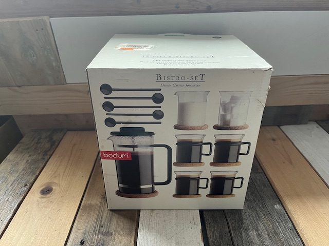boxed set of 7 Bodum Bistro black handle glasses French press Picard 2000 Denmark
